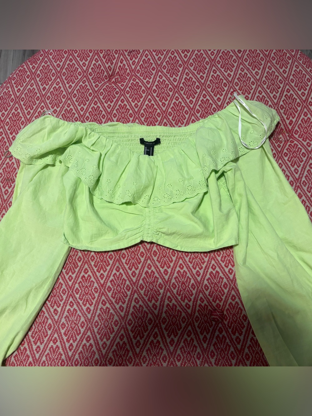 Forever 21 Neon Green Off-Shoulder Eyelet Crop Top